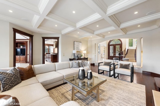 living room with beam ceiling, hardwood / wood-style floors, and coffered ceiling