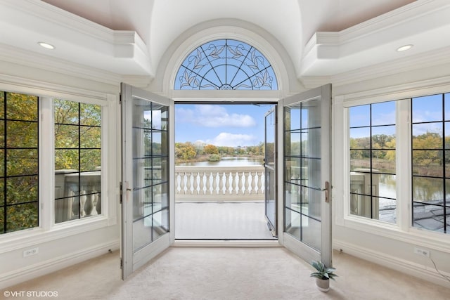 doorway with ornamental molding, a water view, a wealth of natural light, and light colored carpet