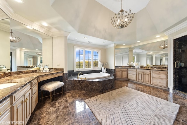 bathroom featuring vanity, a towering ceiling, a relaxing tiled tub, and ornamental molding