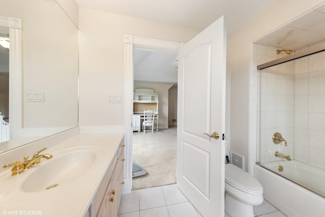 full bathroom with tile patterned flooring, vanity, bathtub / shower combination, and toilet