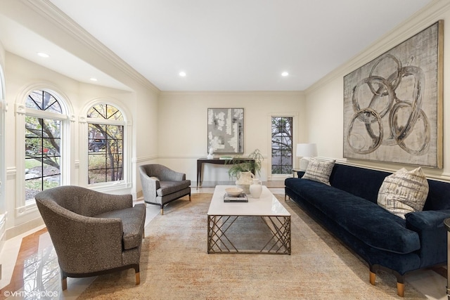 living room with ornamental molding