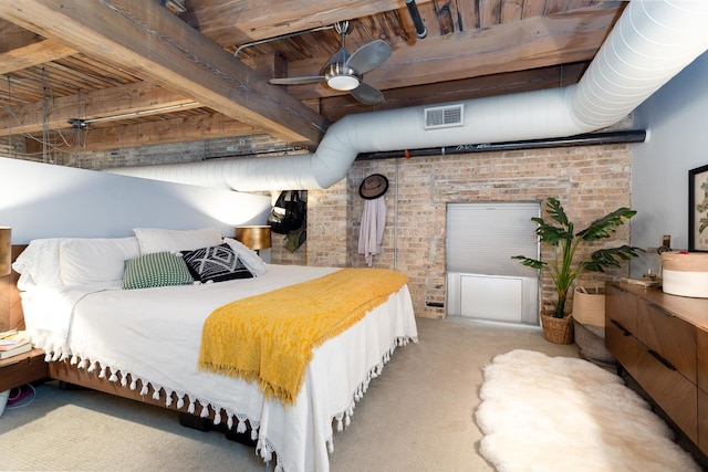 carpeted bedroom with ceiling fan, beam ceiling, and wooden ceiling