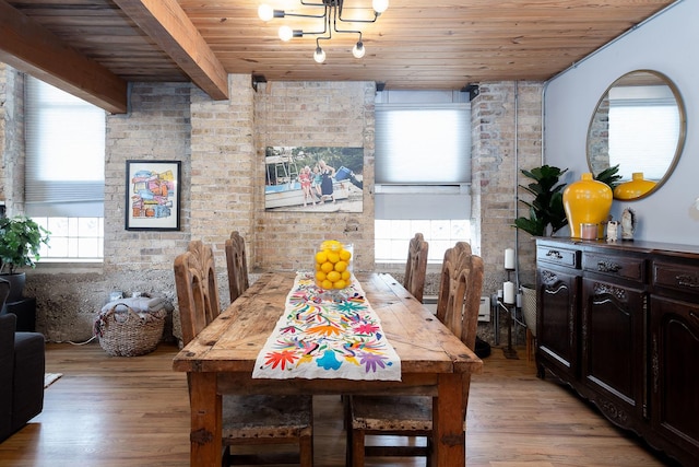 dining room featuring beam ceiling, wooden ceiling, light hardwood / wood-style floors, and a chandelier