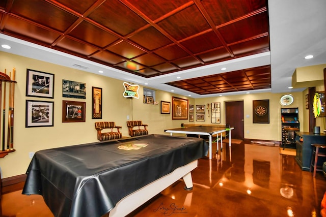 recreation room with concrete floors, billiards, and coffered ceiling