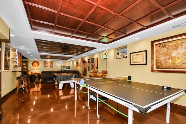 playroom featuring pool table and coffered ceiling