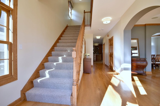 stairway with wood-type flooring