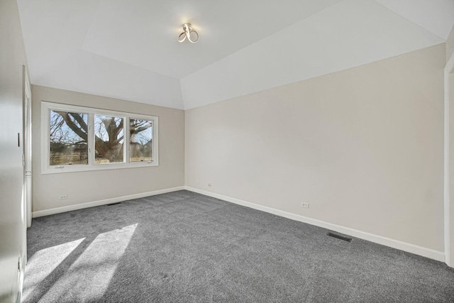 spare room with a raised ceiling, dark carpet, and lofted ceiling