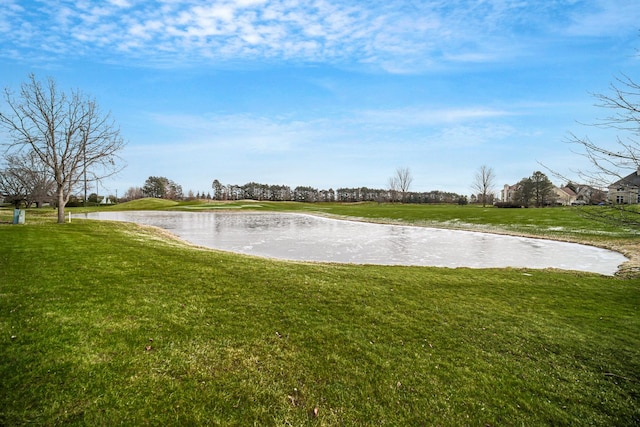 view of community with a yard and a water view