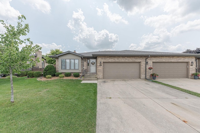 ranch-style home with a garage and a front lawn