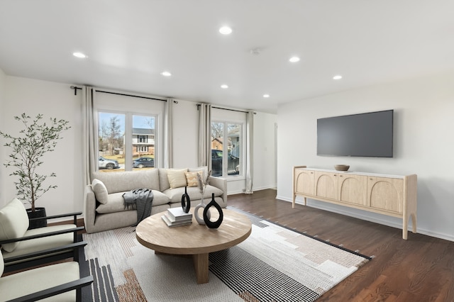 living room featuring dark wood-type flooring