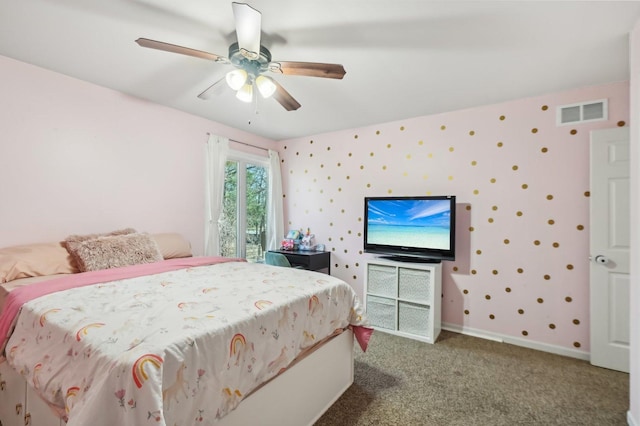 carpeted bedroom with ceiling fan