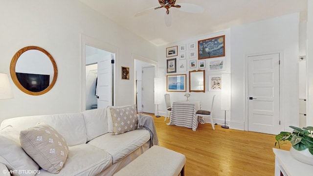 living room featuring ceiling fan and hardwood / wood-style floors