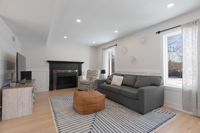 living room featuring a healthy amount of sunlight, light hardwood / wood-style flooring, and a fireplace