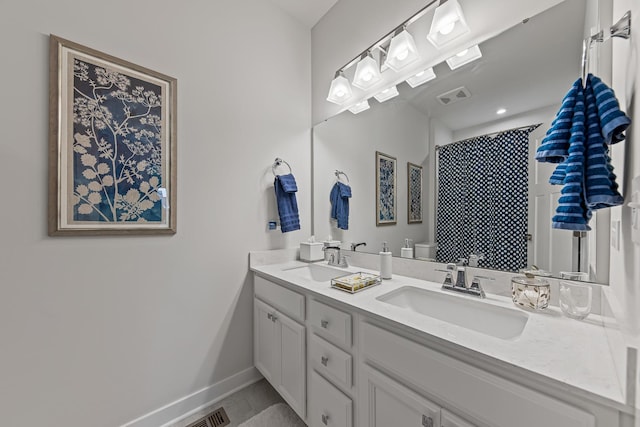 bathroom with walk in shower, tile patterned flooring, vanity, and toilet