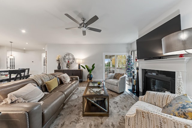 living room with ceiling fan and hardwood / wood-style flooring