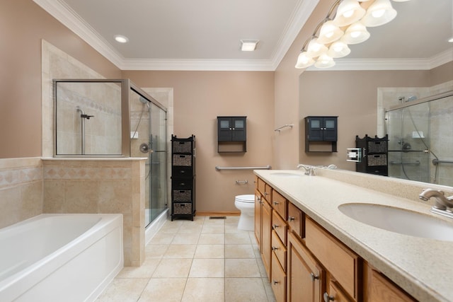 full bathroom with tile patterned flooring, toilet, vanity, shower with separate bathtub, and ornamental molding