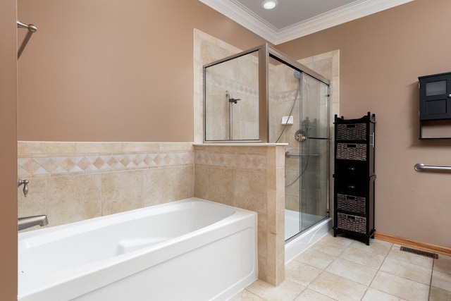 bathroom featuring tile patterned flooring, ornamental molding, and plus walk in shower