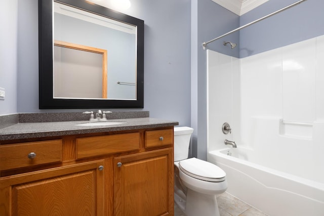 full bathroom with vanity, tile patterned floors, shower / washtub combination, crown molding, and toilet