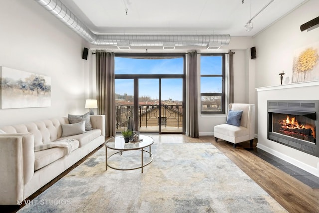 living room featuring hardwood / wood-style floors and track lighting