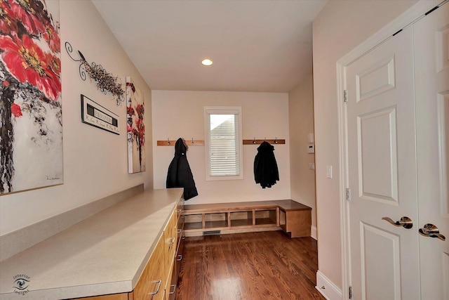 mudroom featuring recessed lighting, dark wood finished floors, and baseboards