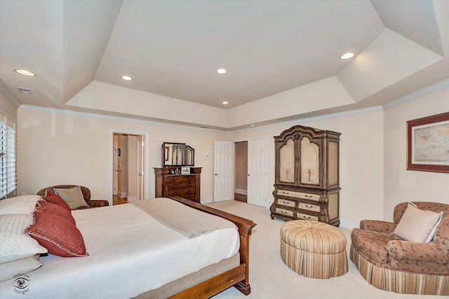 bedroom with ornamental molding, recessed lighting, a raised ceiling, and light colored carpet