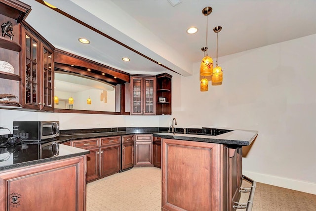 bar with baseboards, light colored carpet, stainless steel microwave, decorative light fixtures, and recessed lighting