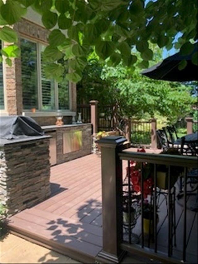 wooden deck with exterior kitchen