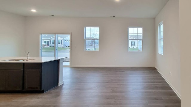 kitchen featuring sink, an island with sink, and dark wood-type flooring