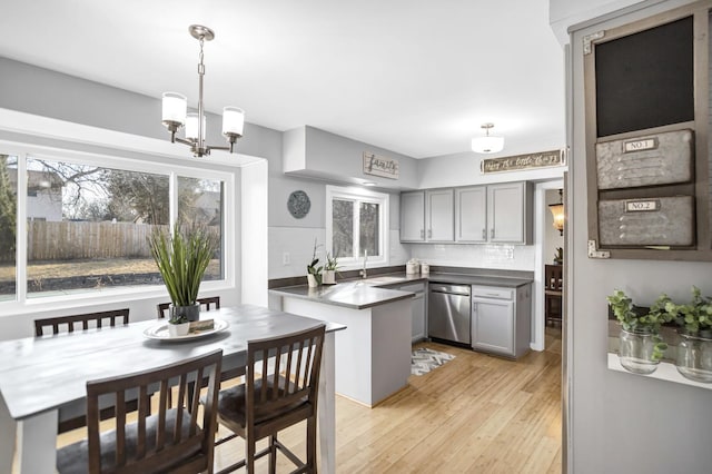 kitchen with a peninsula, light wood-style floors, dishwasher, and gray cabinetry