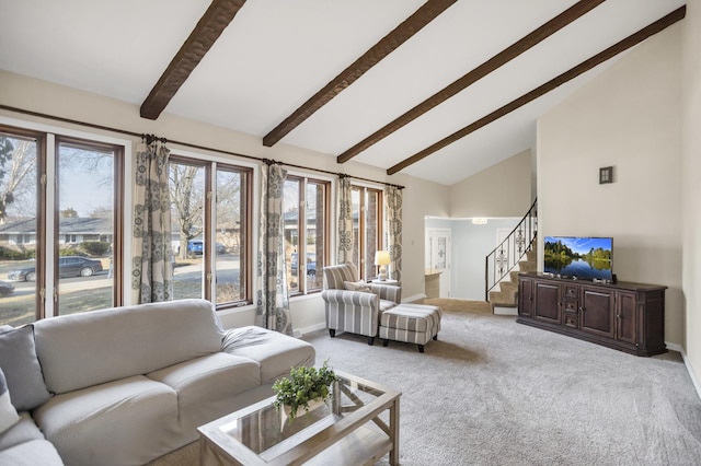 living area with carpet floors, stairway, high vaulted ceiling, beamed ceiling, and baseboards