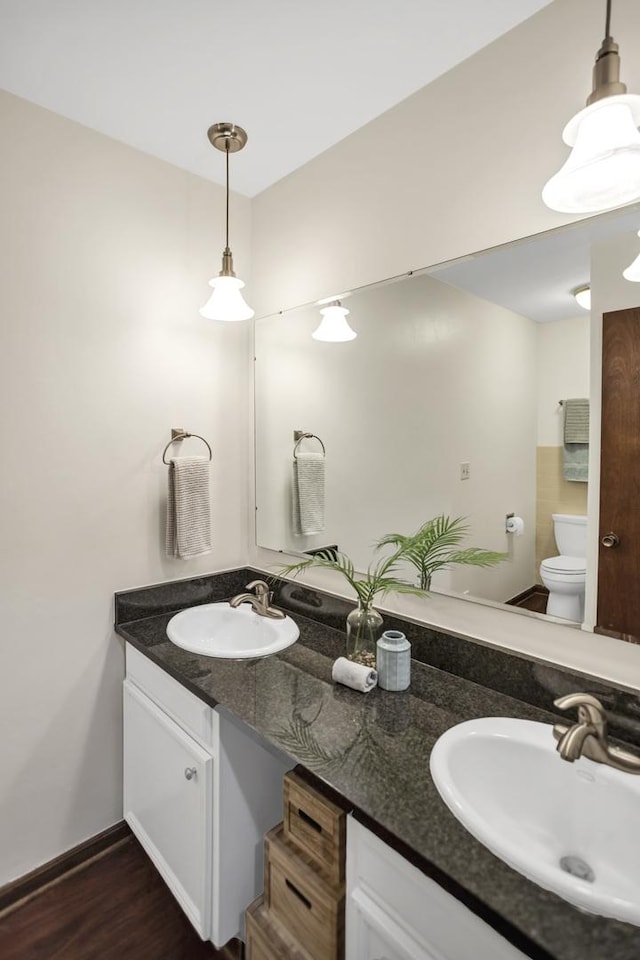 bathroom with a sink, toilet, and double vanity