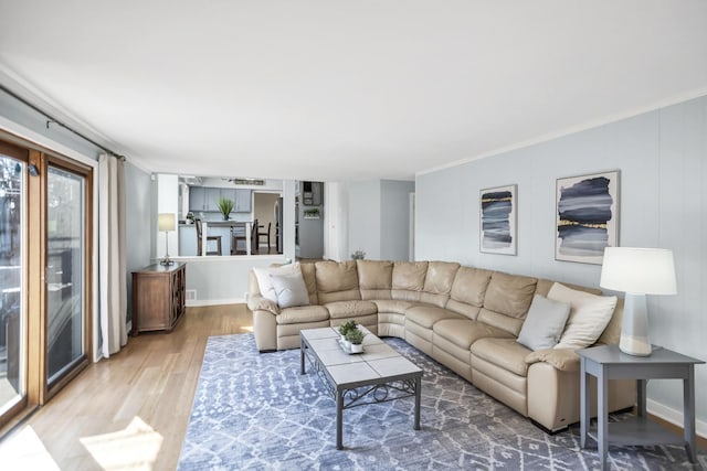 living area featuring crown molding, baseboards, and wood finished floors