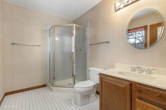 bathroom with tile patterned flooring, walk in shower, vanity, and toilet