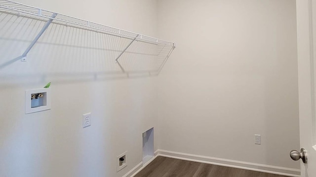 washroom with hookup for a washing machine and dark hardwood / wood-style flooring