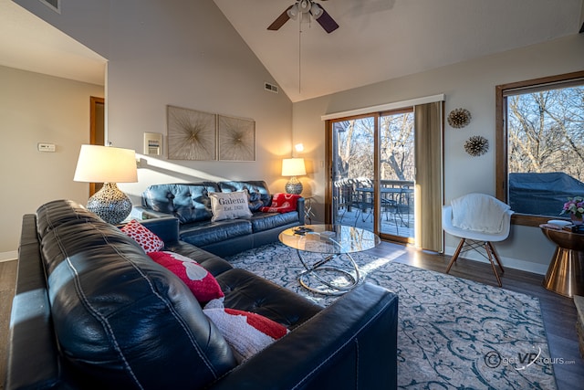 living room with high vaulted ceiling, hardwood / wood-style flooring, and ceiling fan