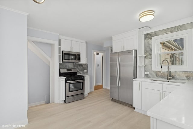 kitchen with appliances with stainless steel finishes, tasteful backsplash, sink, white cabinets, and light hardwood / wood-style floors