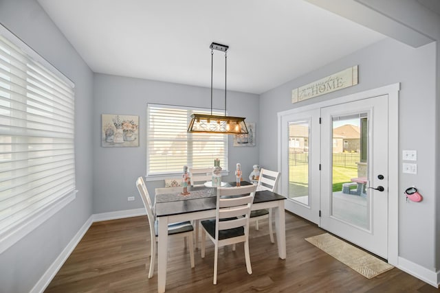 dining space featuring dark wood-type flooring