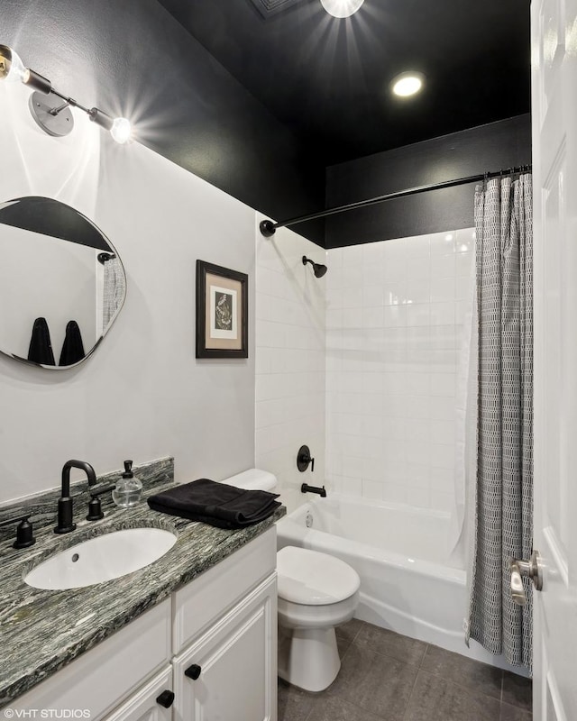 full bathroom with tile patterned floors, vanity, toilet, and shower / bathtub combination with curtain