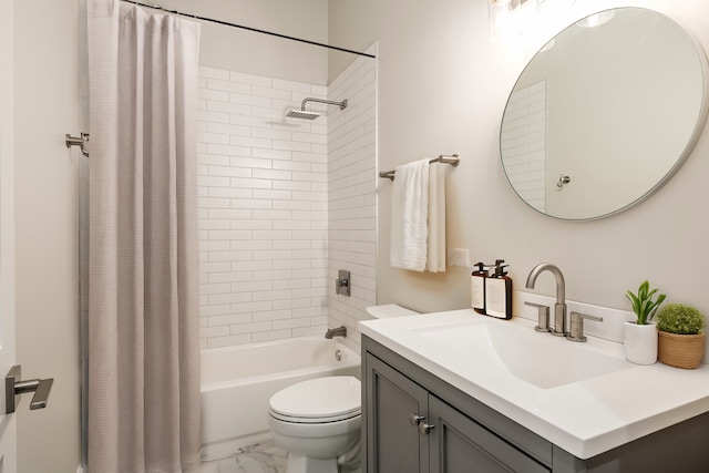 full bathroom featuring toilet, vanity, and shower / bath combination with curtain