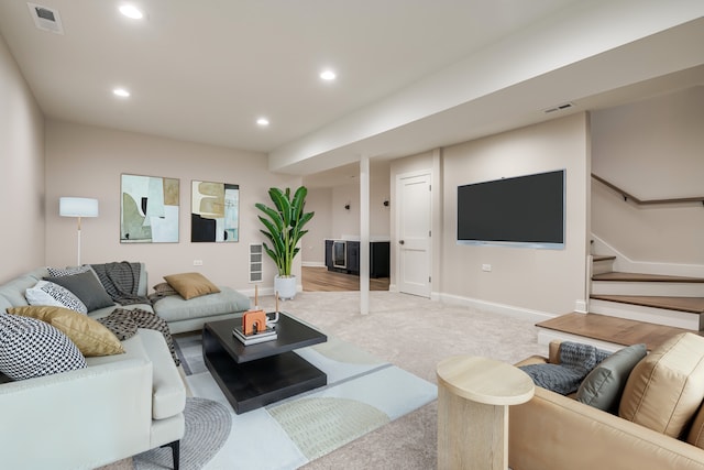 living room with light carpet