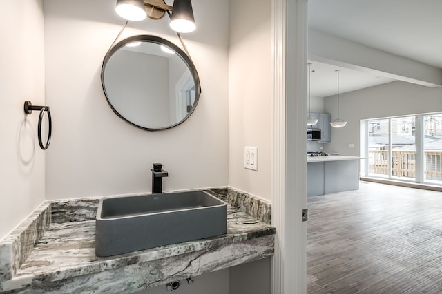 bathroom featuring hardwood / wood-style flooring and vanity