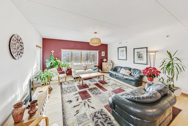 living room featuring a textured ceiling and light hardwood / wood-style flooring