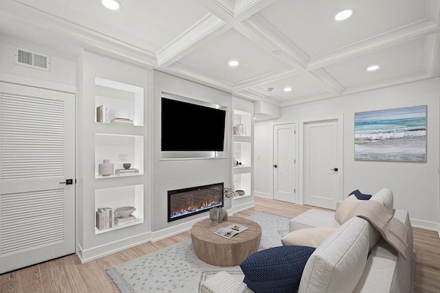 living room with coffered ceiling, built in features, beamed ceiling, and light wood-type flooring