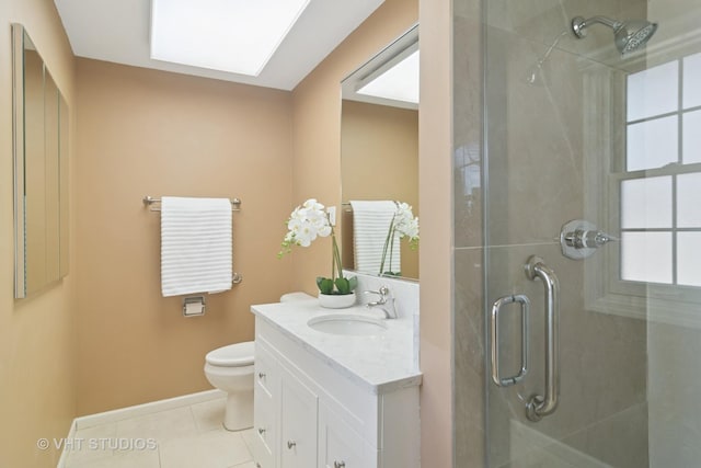 bathroom featuring vanity, a shower stall, toilet, and tile patterned floors