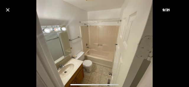 full bathroom featuring shower / tub combination, tile patterned floors, vanity, and toilet