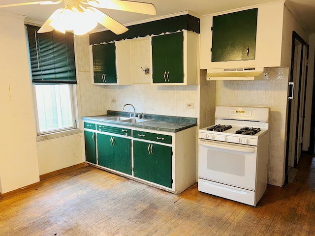 kitchen with white gas range, ceiling fan, sink, ventilation hood, and green cabinetry