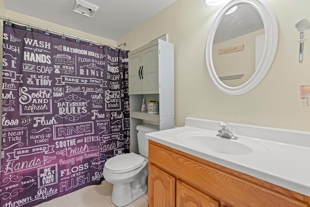 bathroom with toilet, tile patterned flooring, vanity, and a shower with curtain