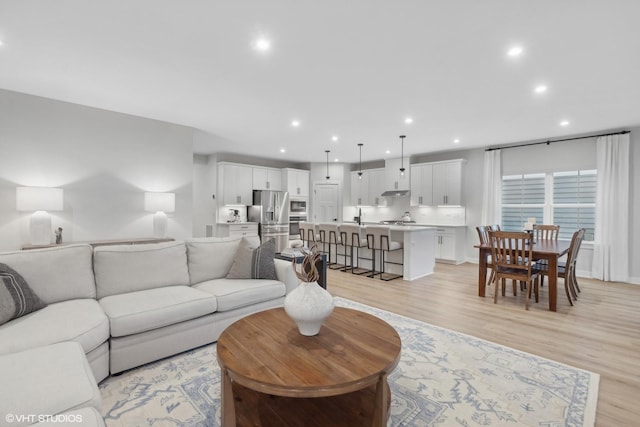 living room featuring sink and light hardwood / wood-style floors