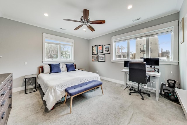 carpeted bedroom with ceiling fan