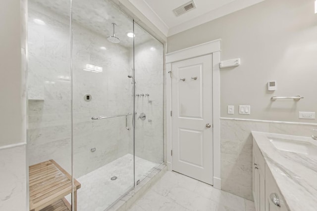 bathroom featuring tile walls, walk in shower, and vanity